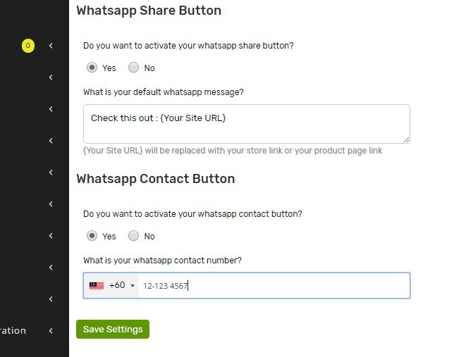 WhatsApp Share And Contact configuration page on Instantestore